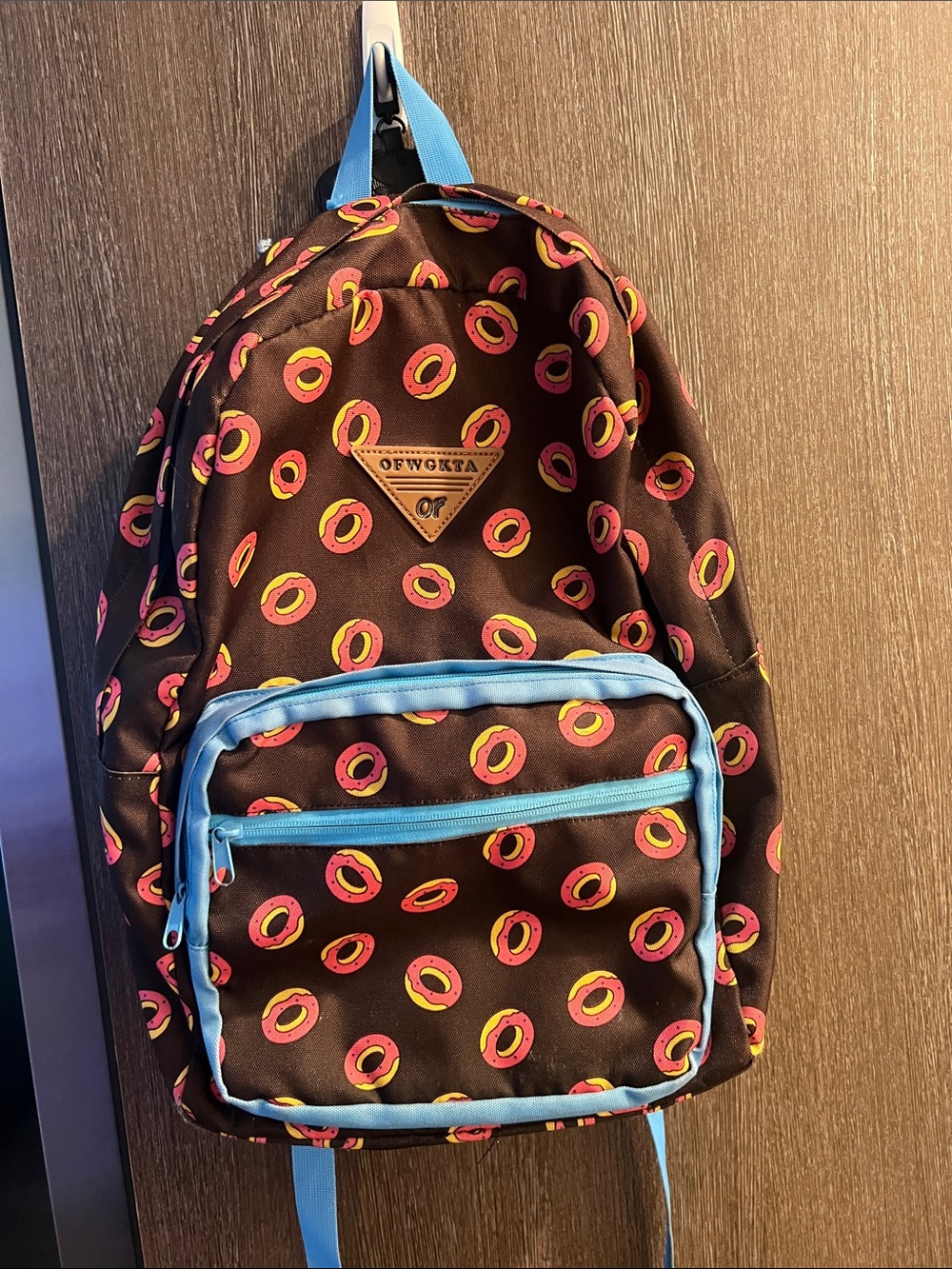 Odd Future brown Backpack with Pink and Yellow Donut Print and Blue Trim